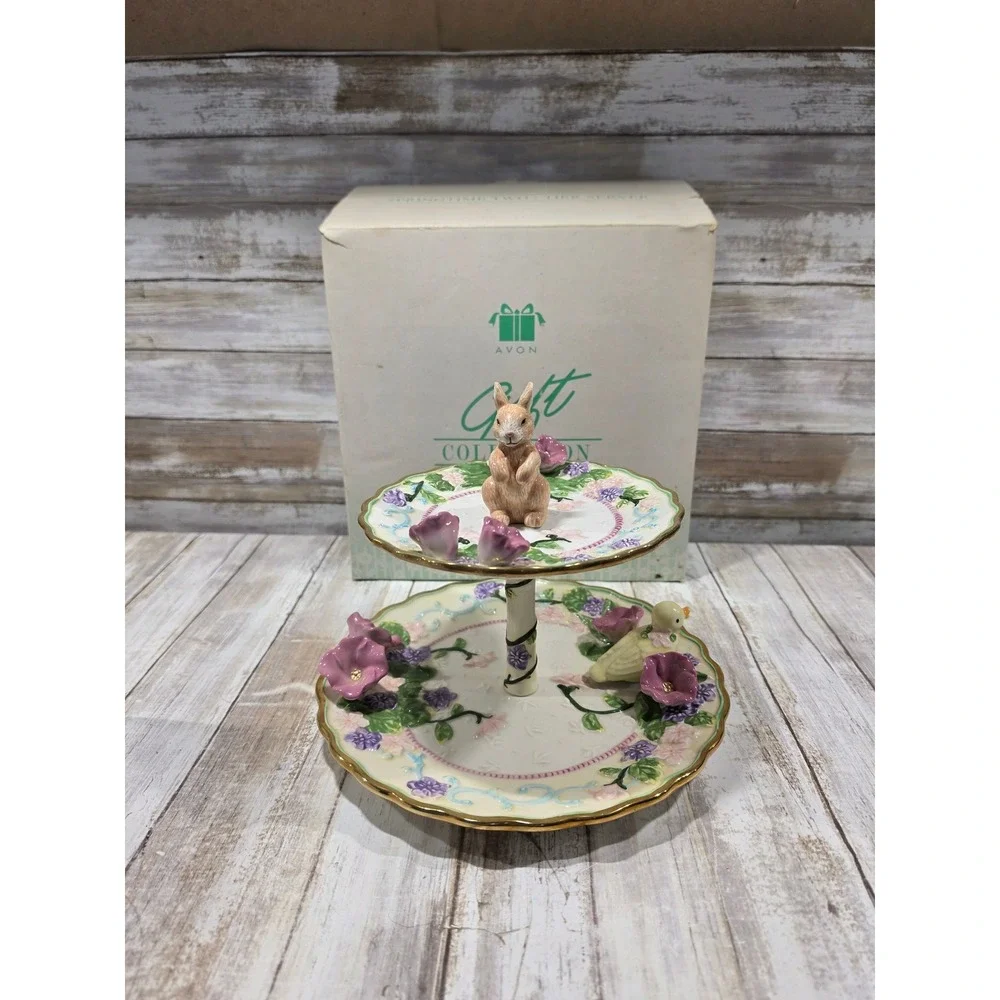 Avon Springtime Collection 2 Tier Server Bunny Bird Floral‎ Easter Tiered Tray